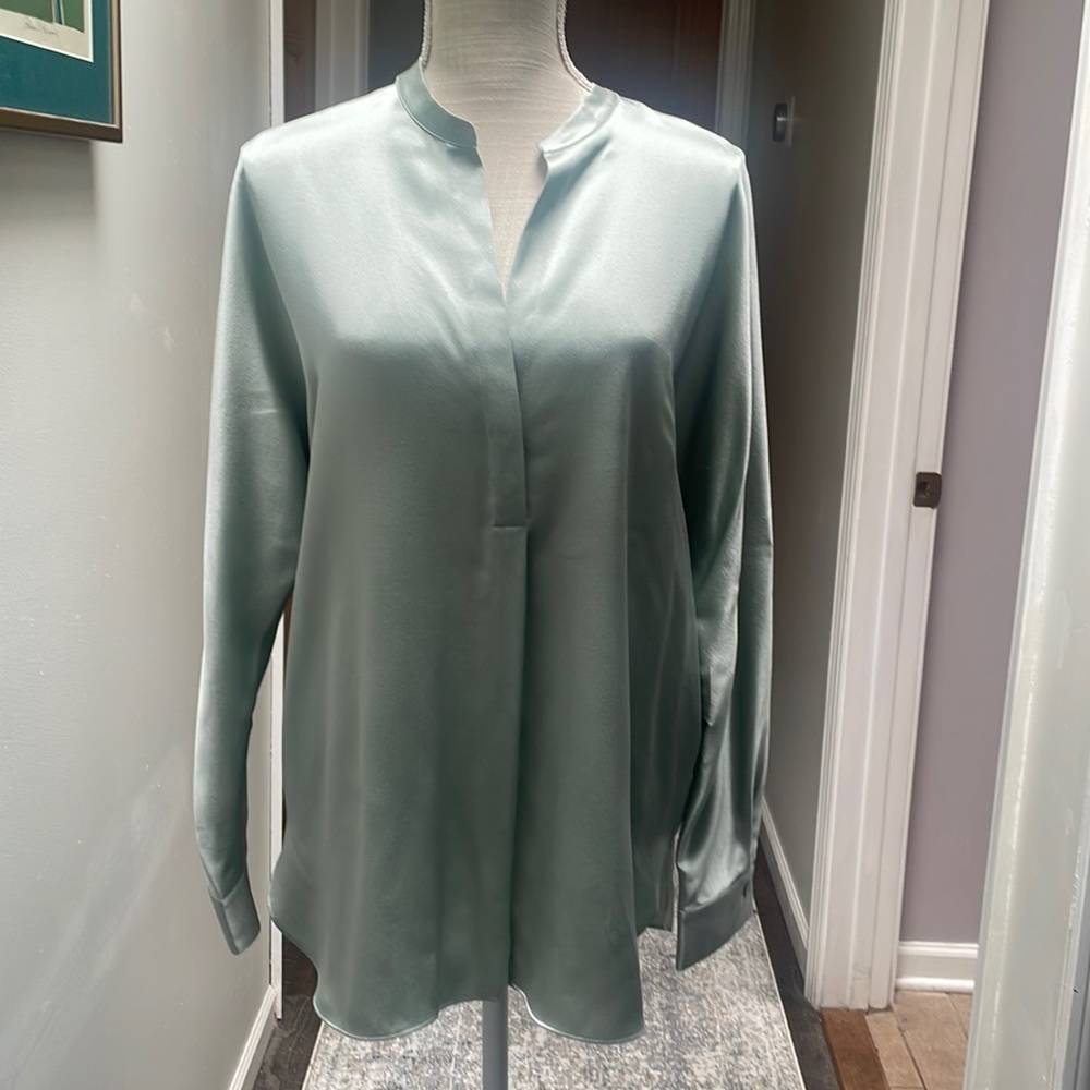 Vince silk satin band collar blouse in mountain green